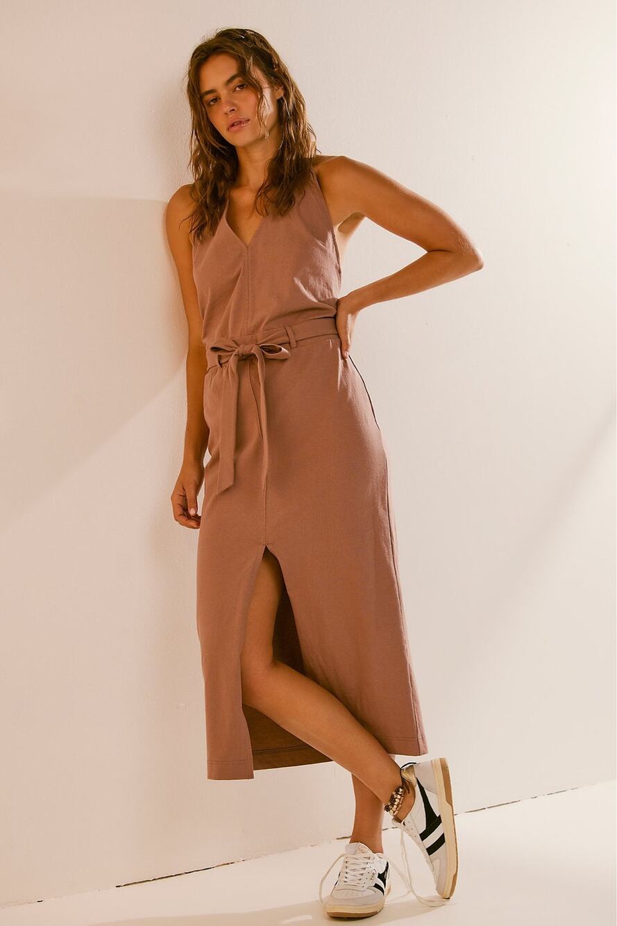Free People Beach Randi Midi Dress Halter Open Back Boho Chic Large Rose Cocoa